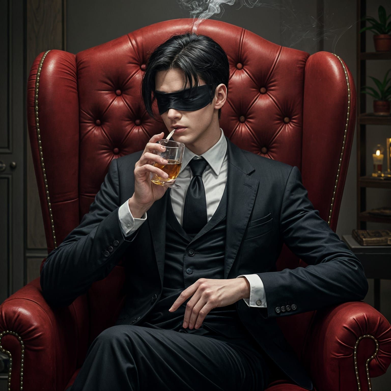 Anime-Style Young Man Smoking Whiskey in Chair