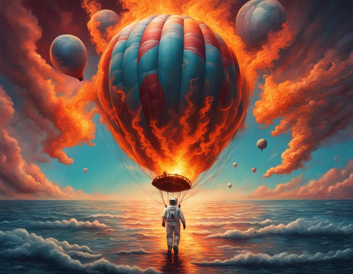 Surreal Scene: Burning Balloon, Astronaut, Falling Moon