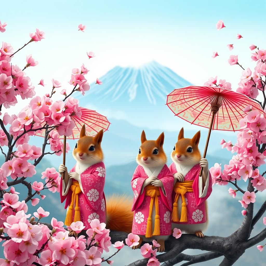 Squirrels in Kimonos Under Cherry Blossoms, Ukiyo-e Style