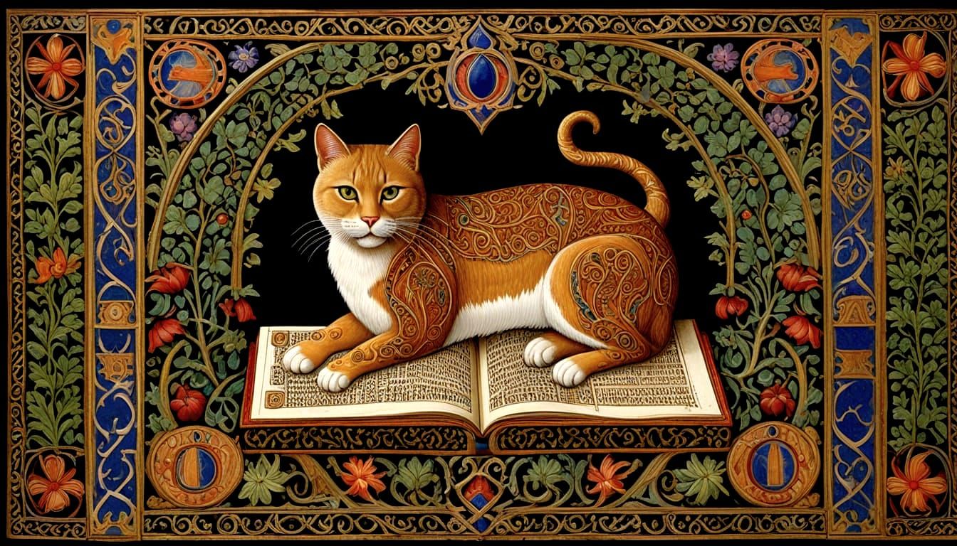 Medieval Psychedelic Cat in Illuminated Manuscript Style