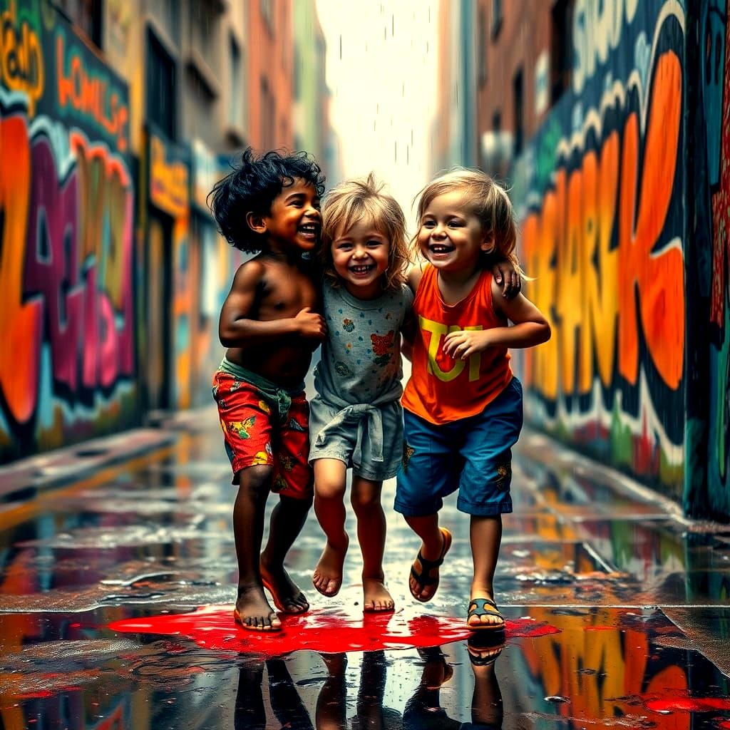 Children in Rain: Graffiti Street Art