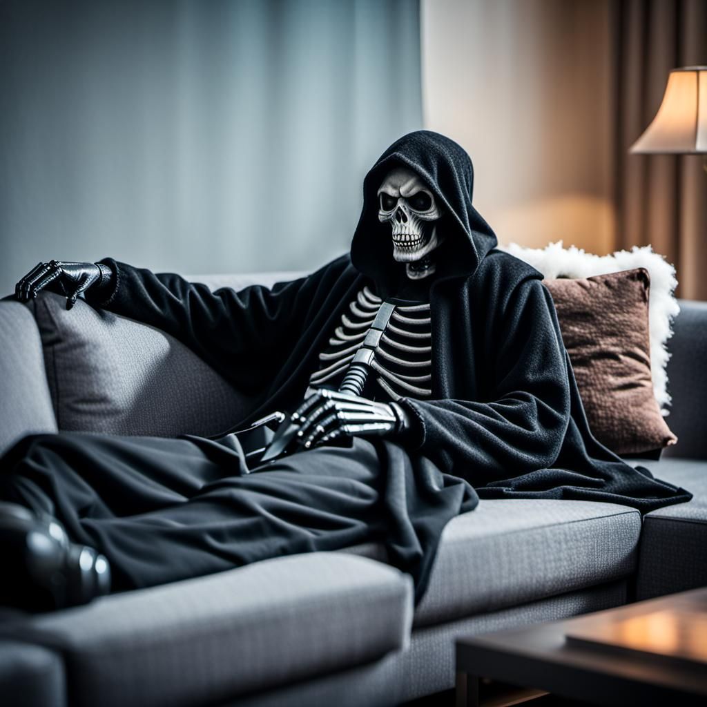 Grim Reaper Lounging on Plush Couch: Photography Style