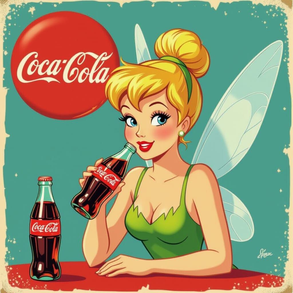 Tinker Bell Enjoys a Classic Coke in Retro Ad Style
