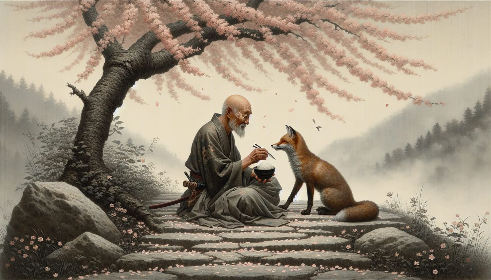 Elderly Samurai Shares Rice with Fox Under Cherry Blossoms