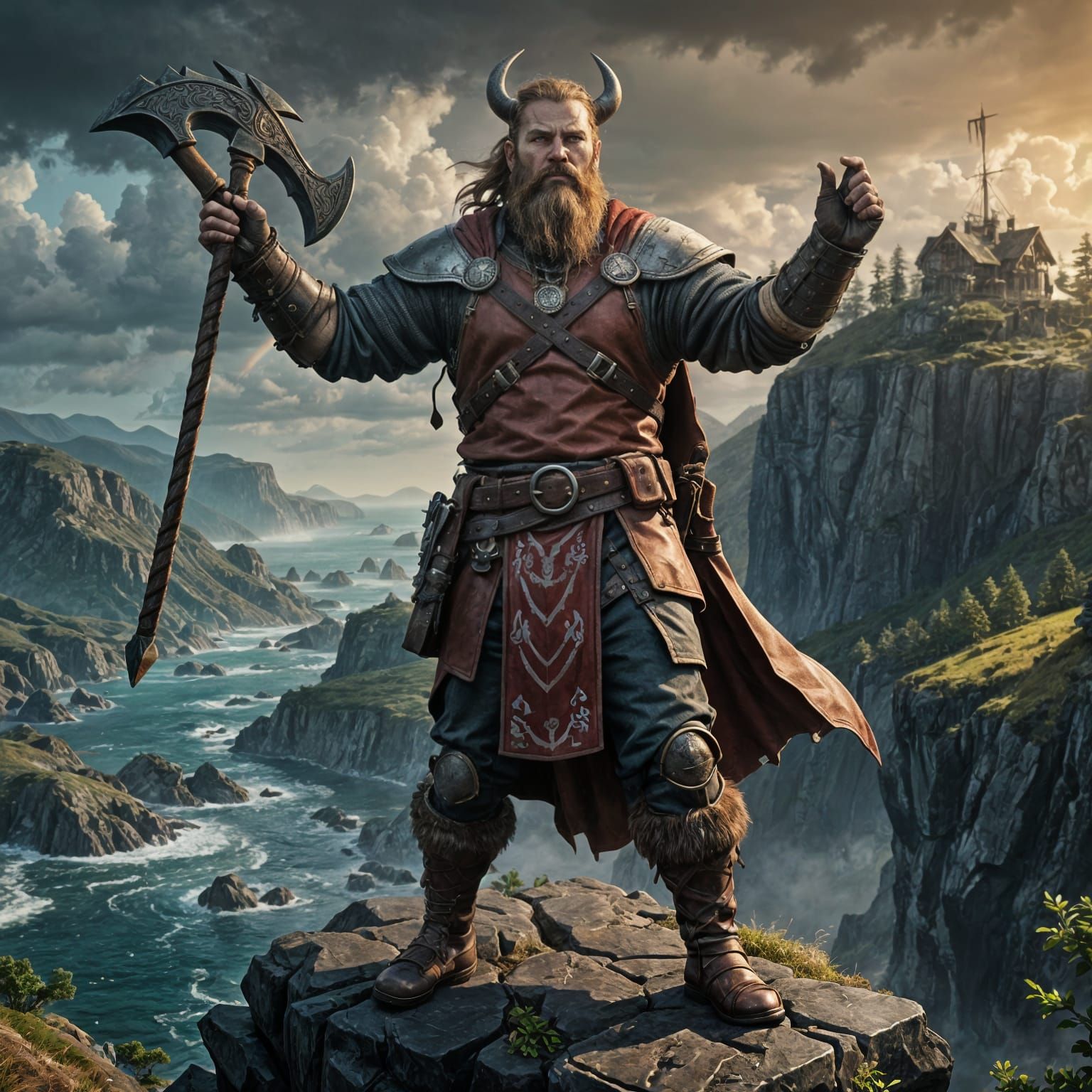Fierce Viking Warrior Defies Stormy Seas in Dark Fantasy Art