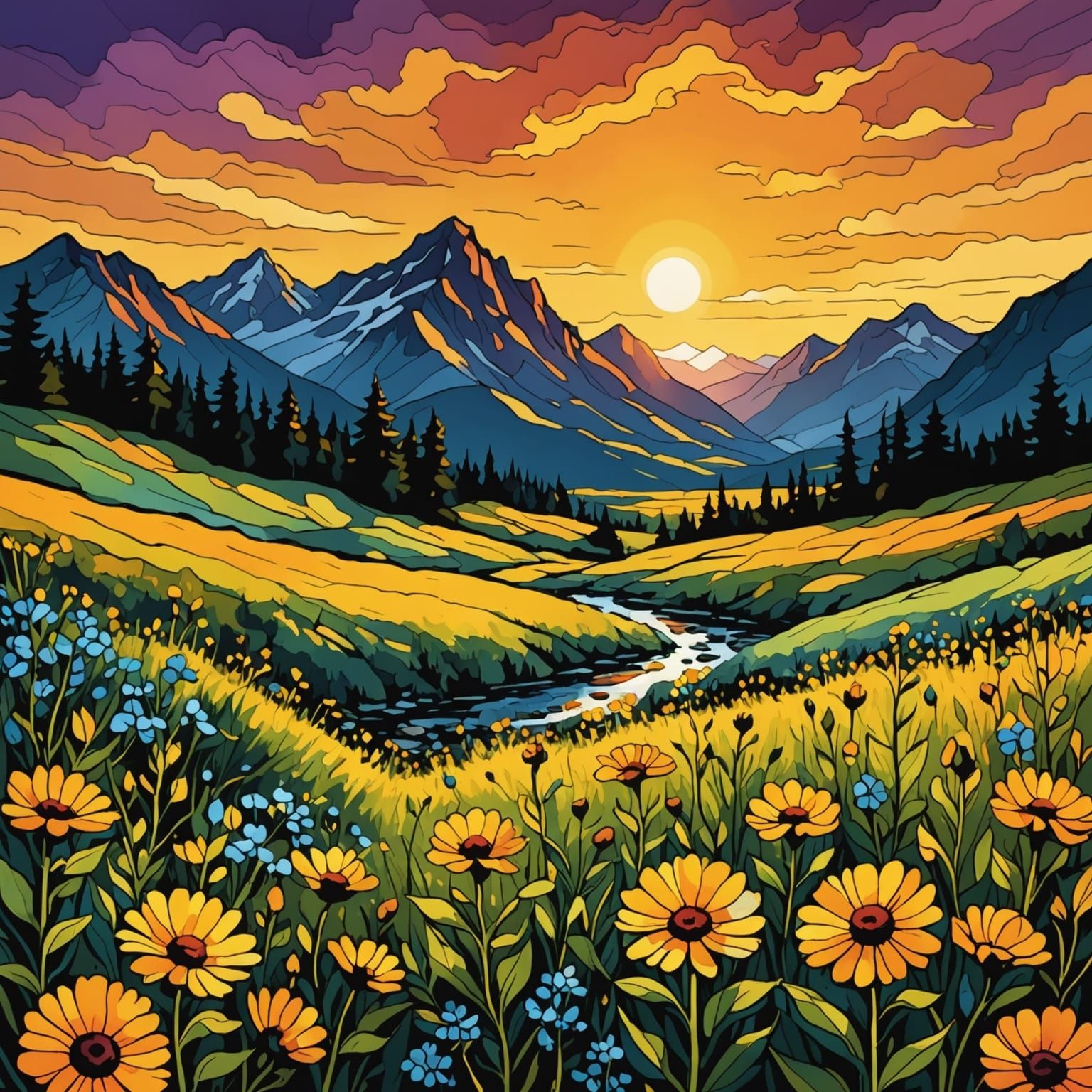 Radiant Sunset over Wildflowers in Cartoon Style
