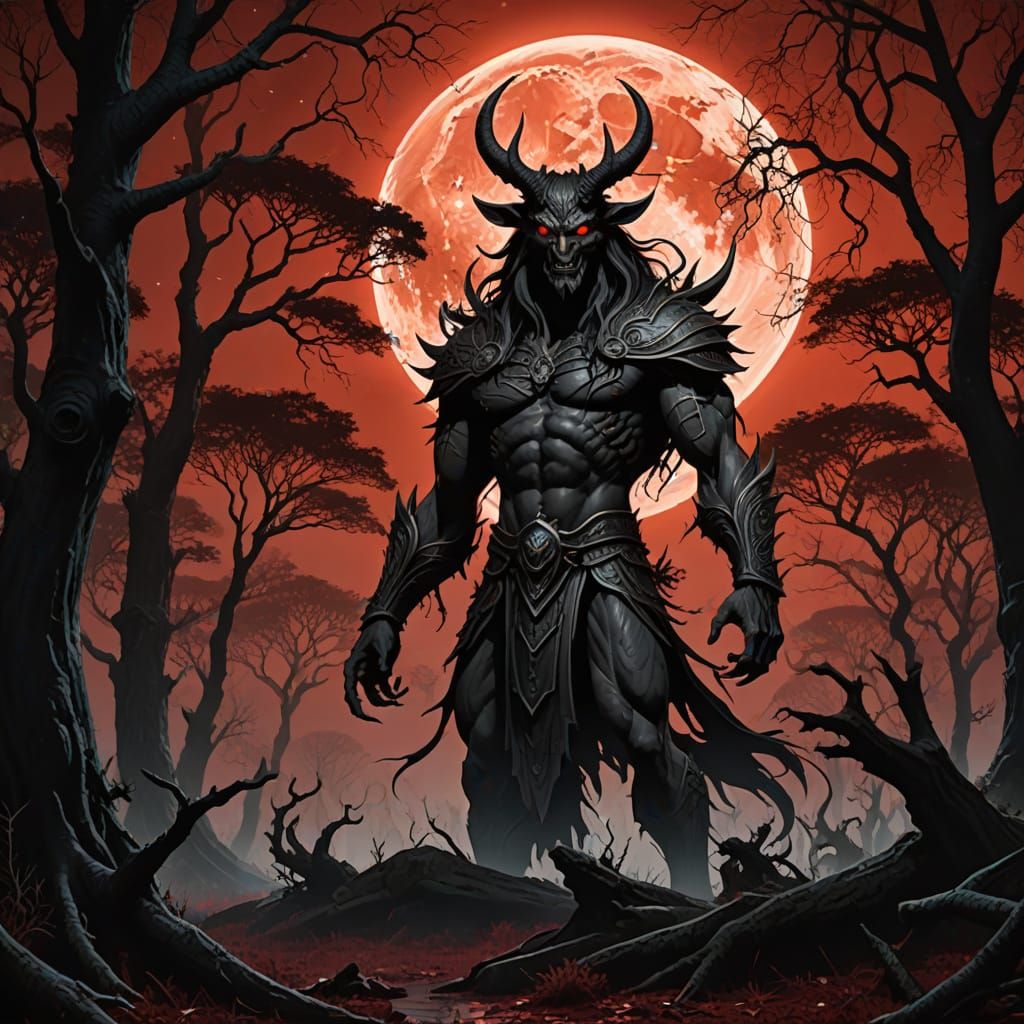 Colossal Evil in Magical Forest Under Blood Moon