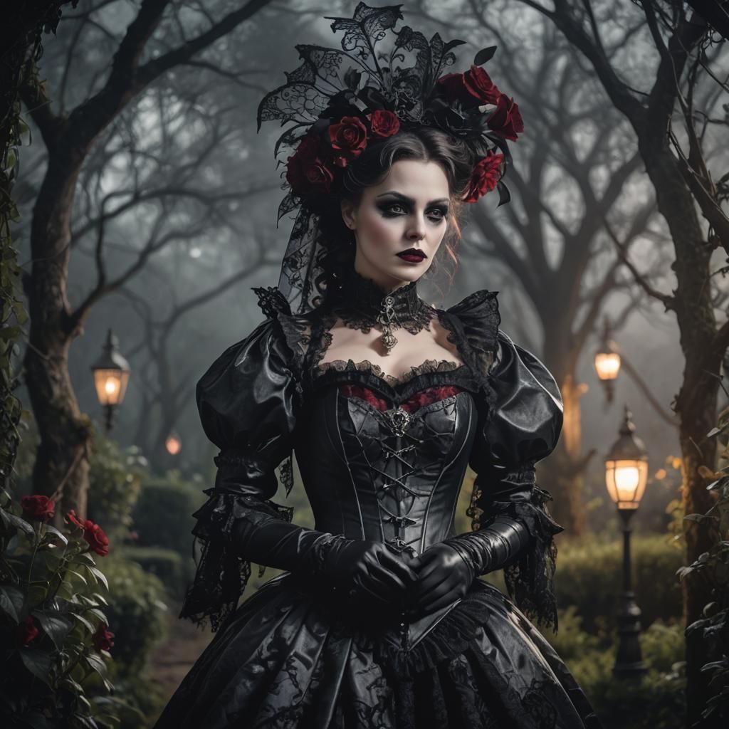 Elegant Harlequin in Moonlit Gothic Garden
