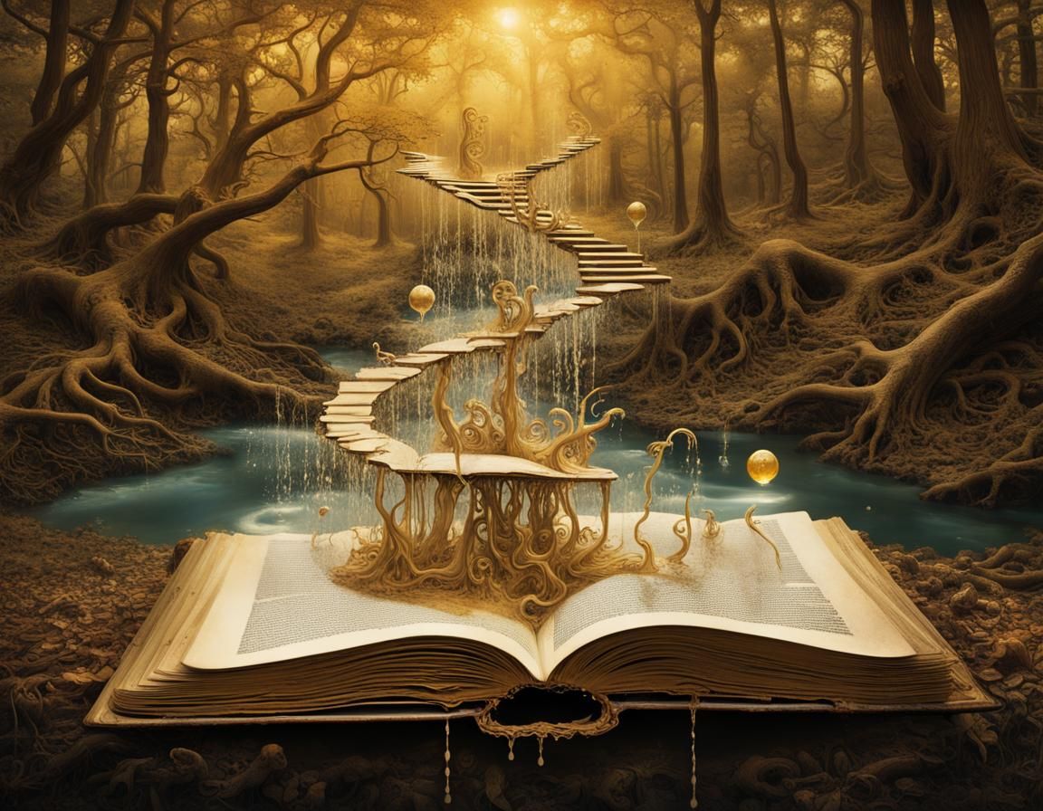 Surreal Book with Water and Golden Sun