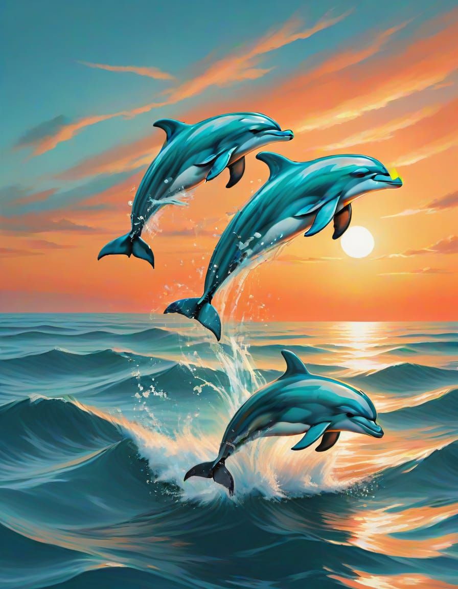 Vibrant Dolphins Leaping within a Sunset Gingham Scene