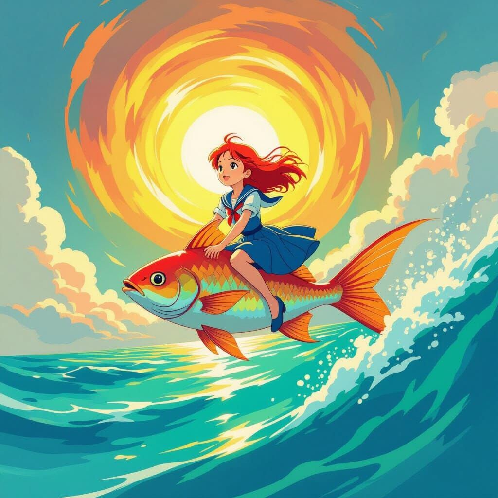 Girl Rides Flying Fish Over Ocean in Ghibli Style