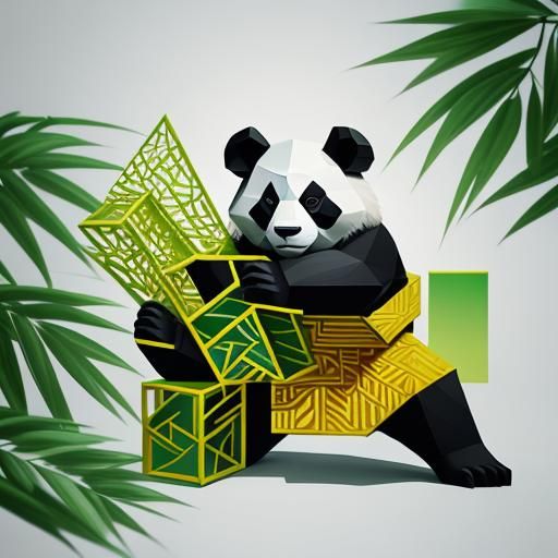 Cubist Panda Eats Bamboo: Geometric Art Deco Painting