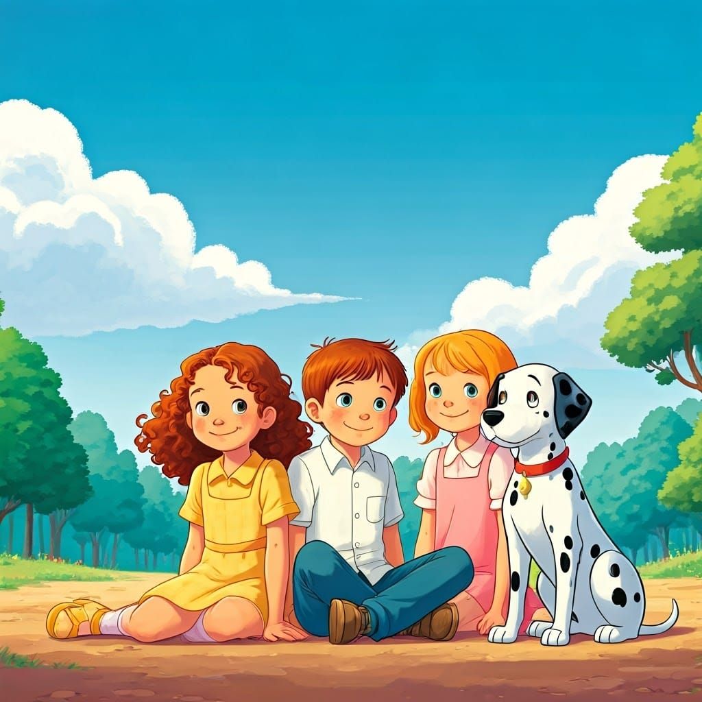Children with Dalmatian Dog in Naive Art Style