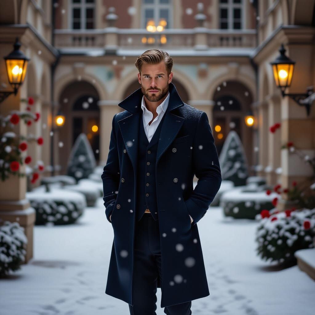 Viking-Inspired Man in French Chateau at Twilight