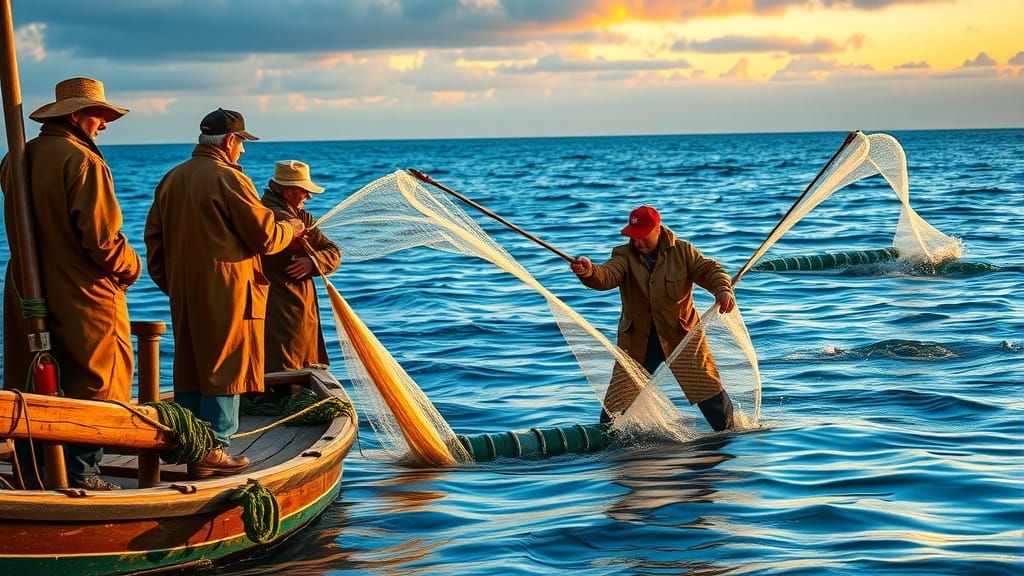 Fishermen in Serene Dawn Sea
