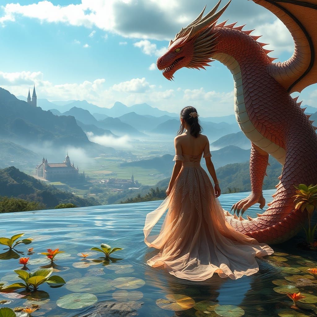 Woman and Dragon in Atmospheric Fantasy Landscape