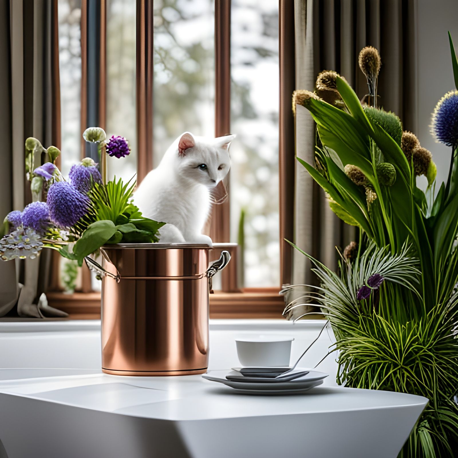 Photorealistic Cat with Exotic Flowers