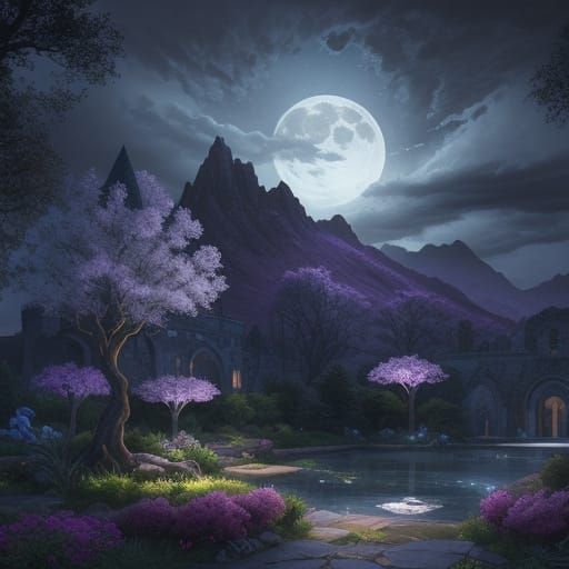 Surreal Mystical Courtyard Under Moonlight