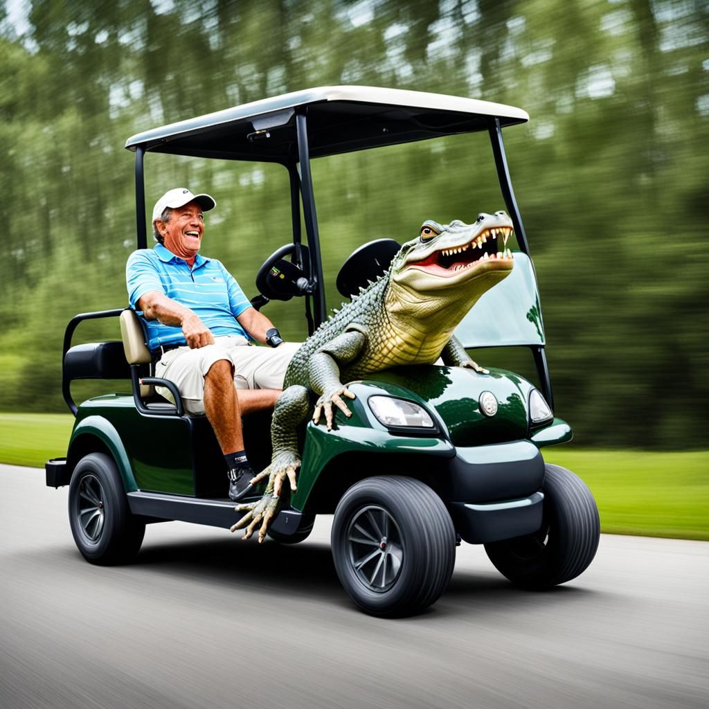 Man and Alligator Ride Golf Cart Together