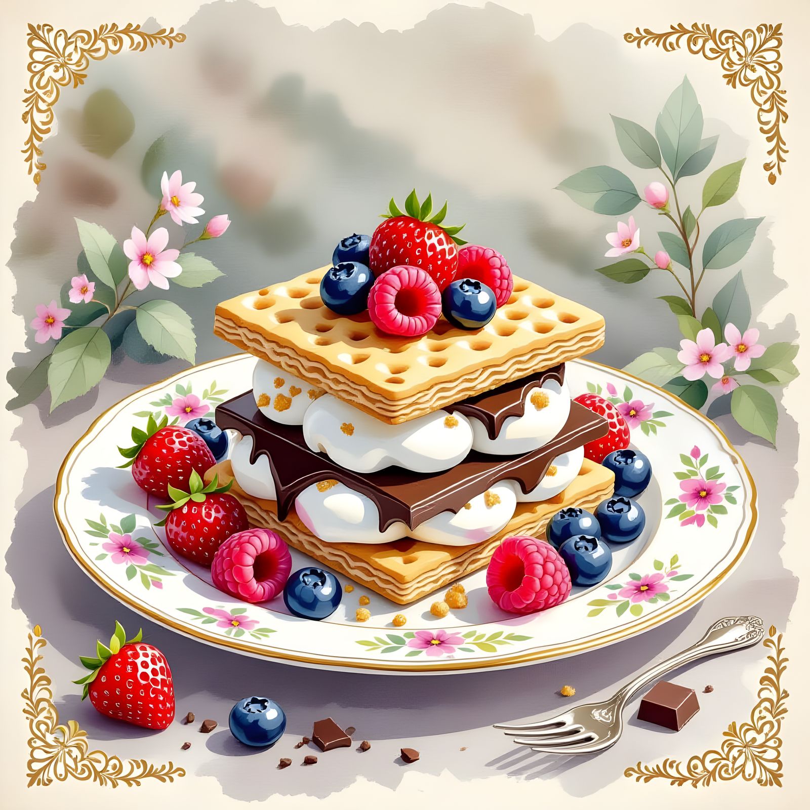 Gourmet S'more in Watercolor Art Nouveau Style