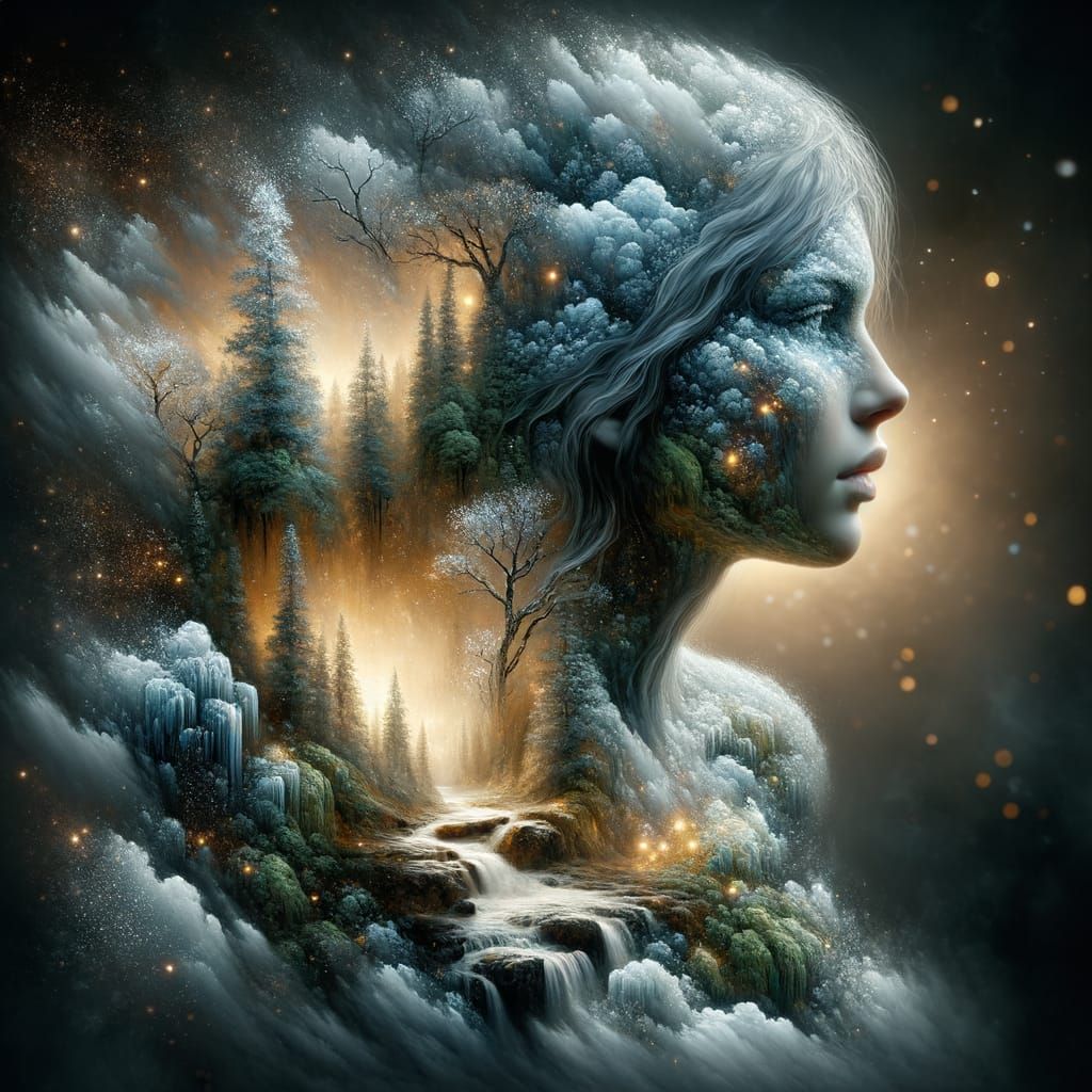 Ice Woman Encasing Forest: 3D Double Exposure Art