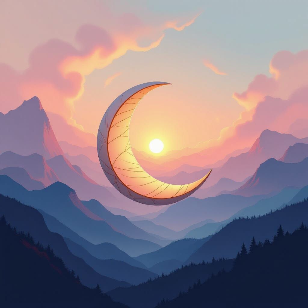 Withered Crescent Moon Leaf Floats in Colorful Dreamscape