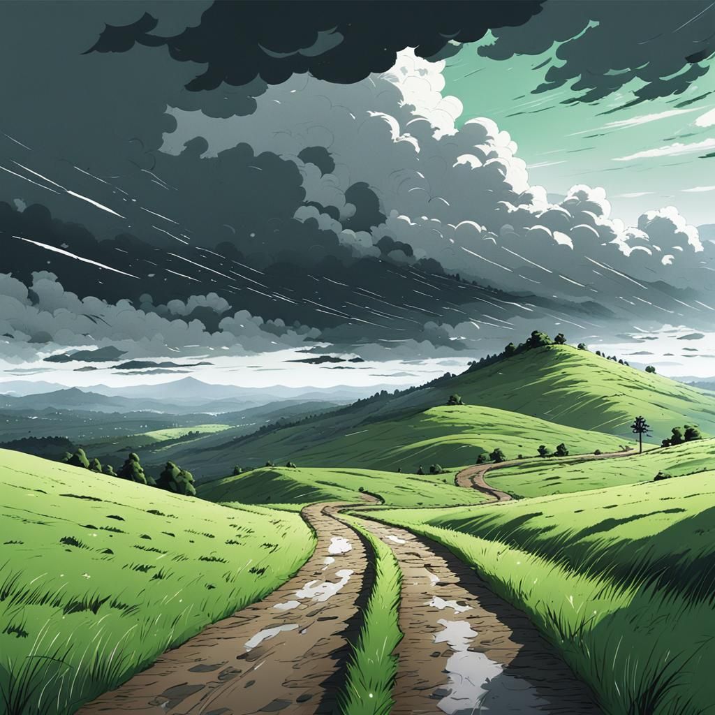 Monochrome Anime Landscape with Approaching Rain