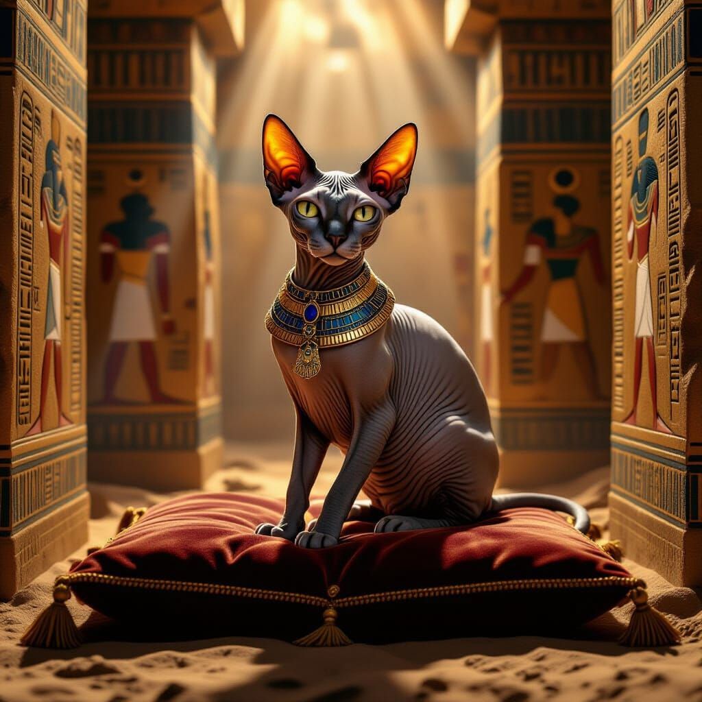 Regal Mummified Sphynx Cat in Pharaoh's Tomb