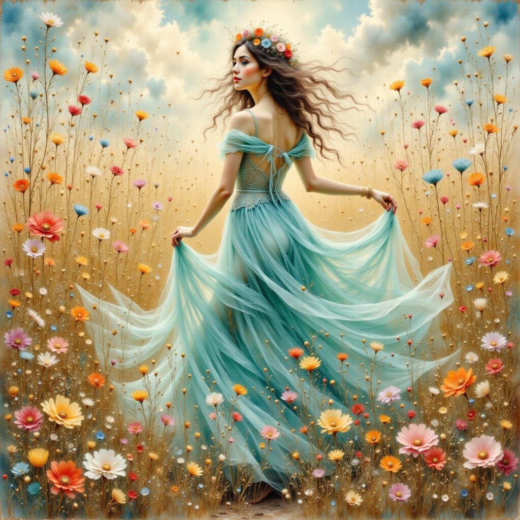 Girl in Turquoise Dress Dancing Among Wildflowers