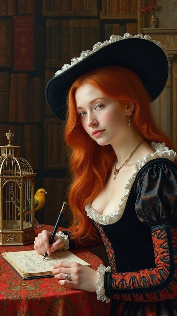 Tudor Lady Writing Letter in Renaissance Style