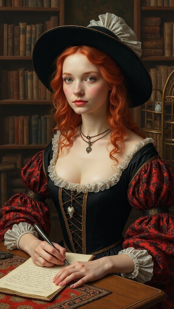 Tudor Lady Writes Letter in Renaissance Style