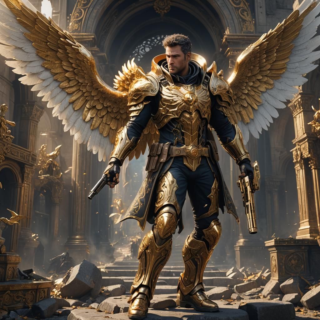 Male Angel with Golden Gun: Fantasy Concept Art