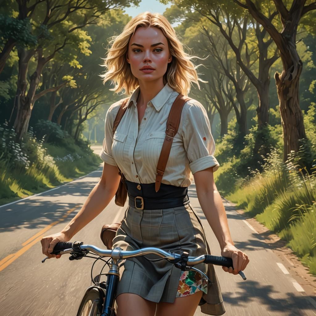 Woman on Bicycle, Hyperdetailed Splash Art Portrait