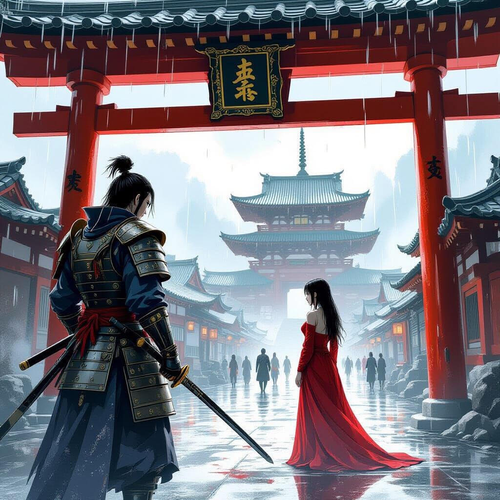 Samurai's Rainy Longing: Melancholic Ink Wash Art