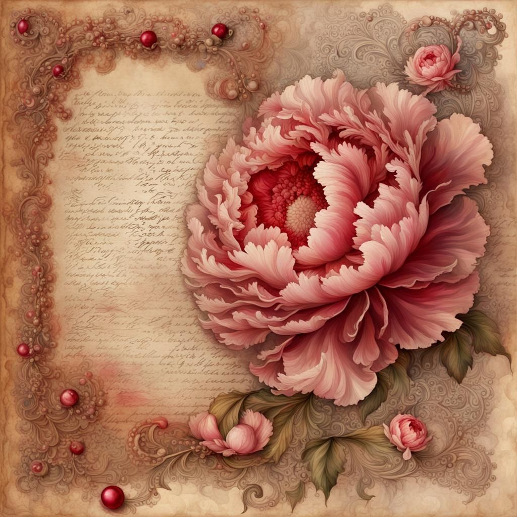 Vintage Journal Page with Peonies and Rococo Frame