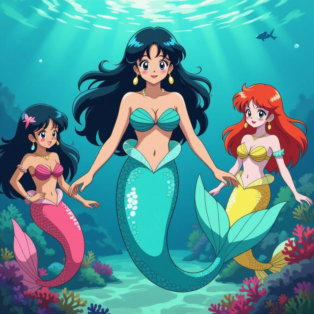 Videl the Mermaid Meets Mermaids in 80s-90s Anime Style