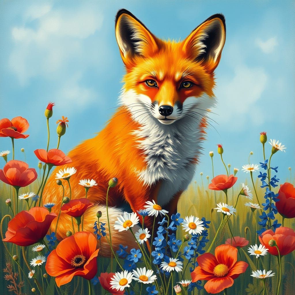 Vibrant Fox in Sun-Kissed Wildflower Meadow, in Impressionis...