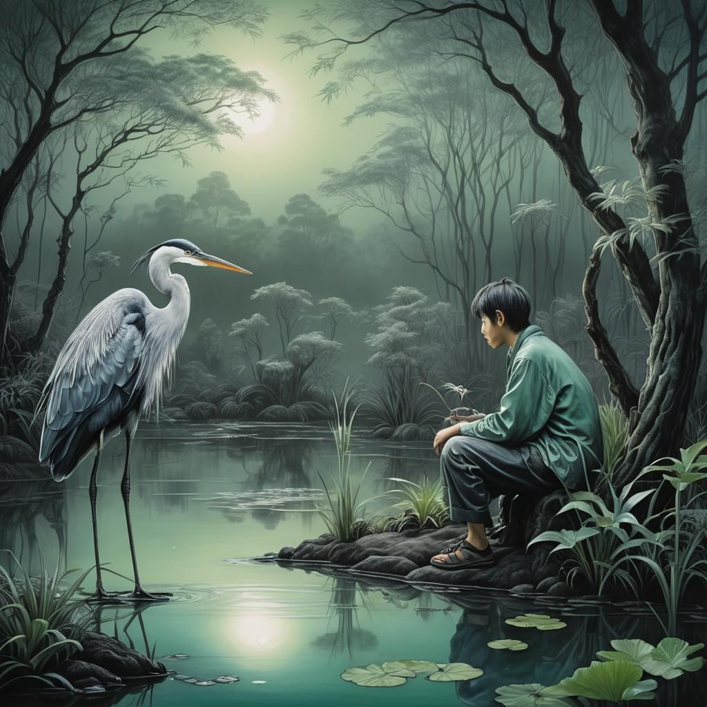 The Boy and the Heron: Fantasy Charcoal Drawing