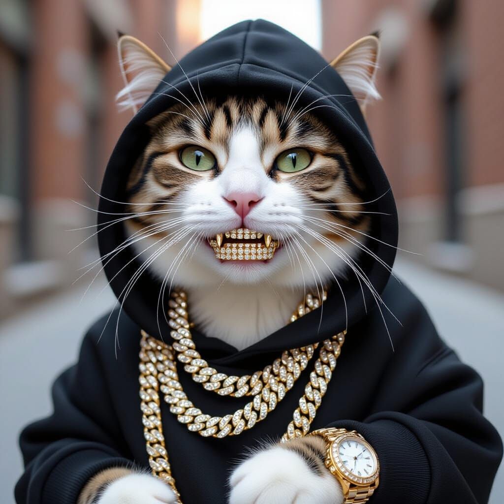 Cat in Hoodie with Grillz and Iced Out Jewelry