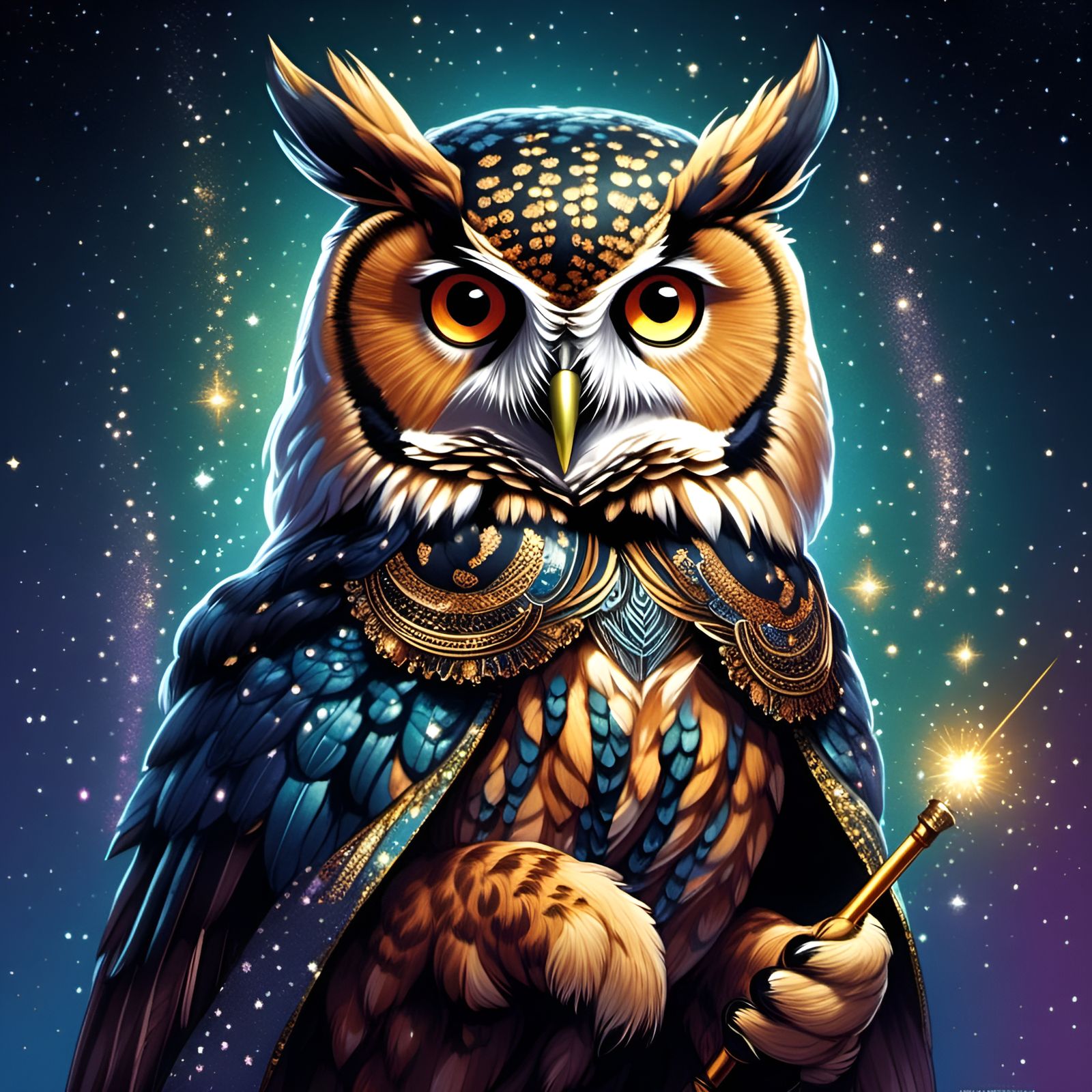 Adorable Owl Magician Portrait in Whimsical Style