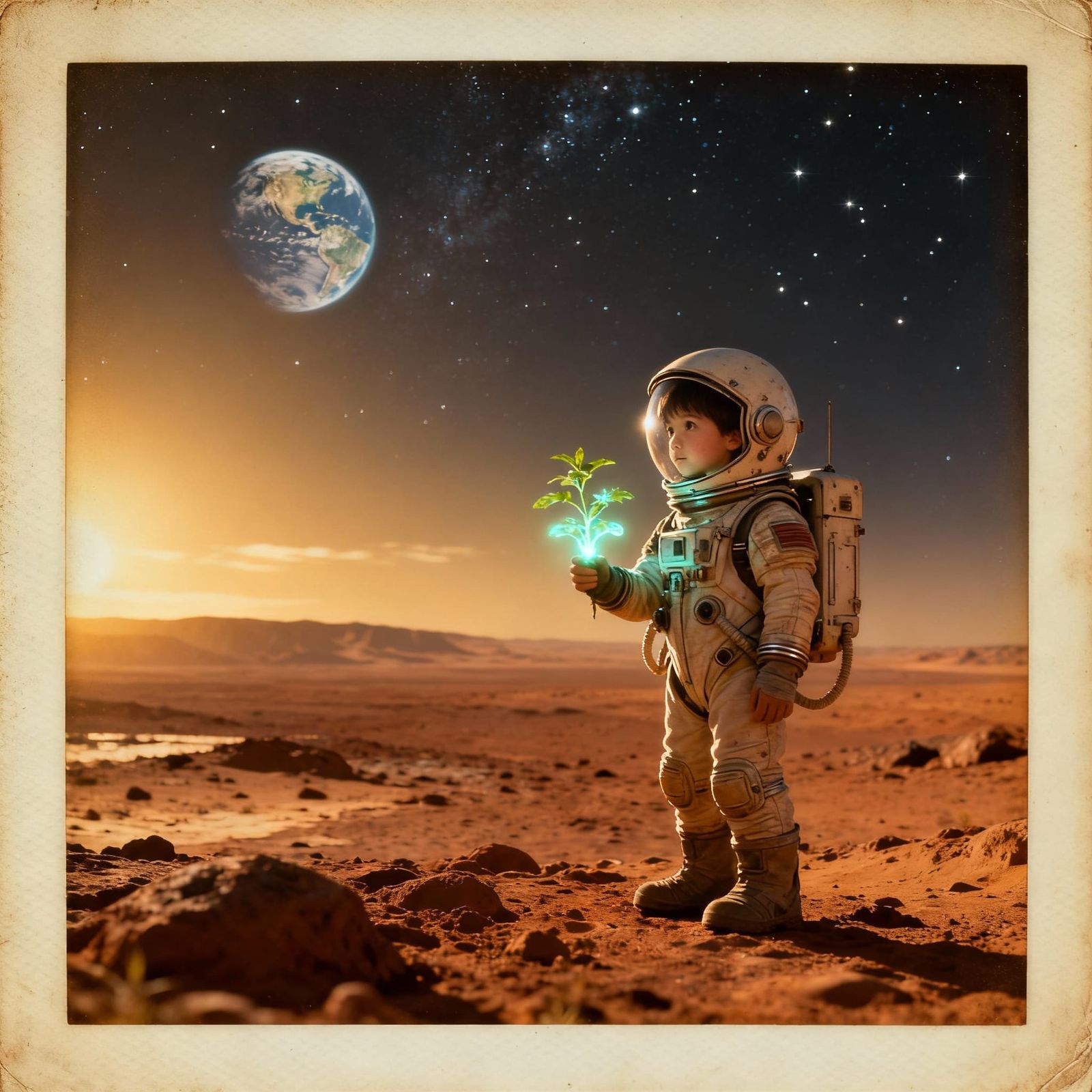 Child Holds Bioluminescent Plant on Mars in Retro-Futuristic...