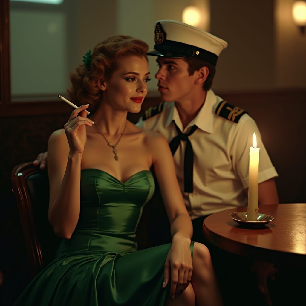 Glamorous 1950s Woman and Sailor in Jazz Club