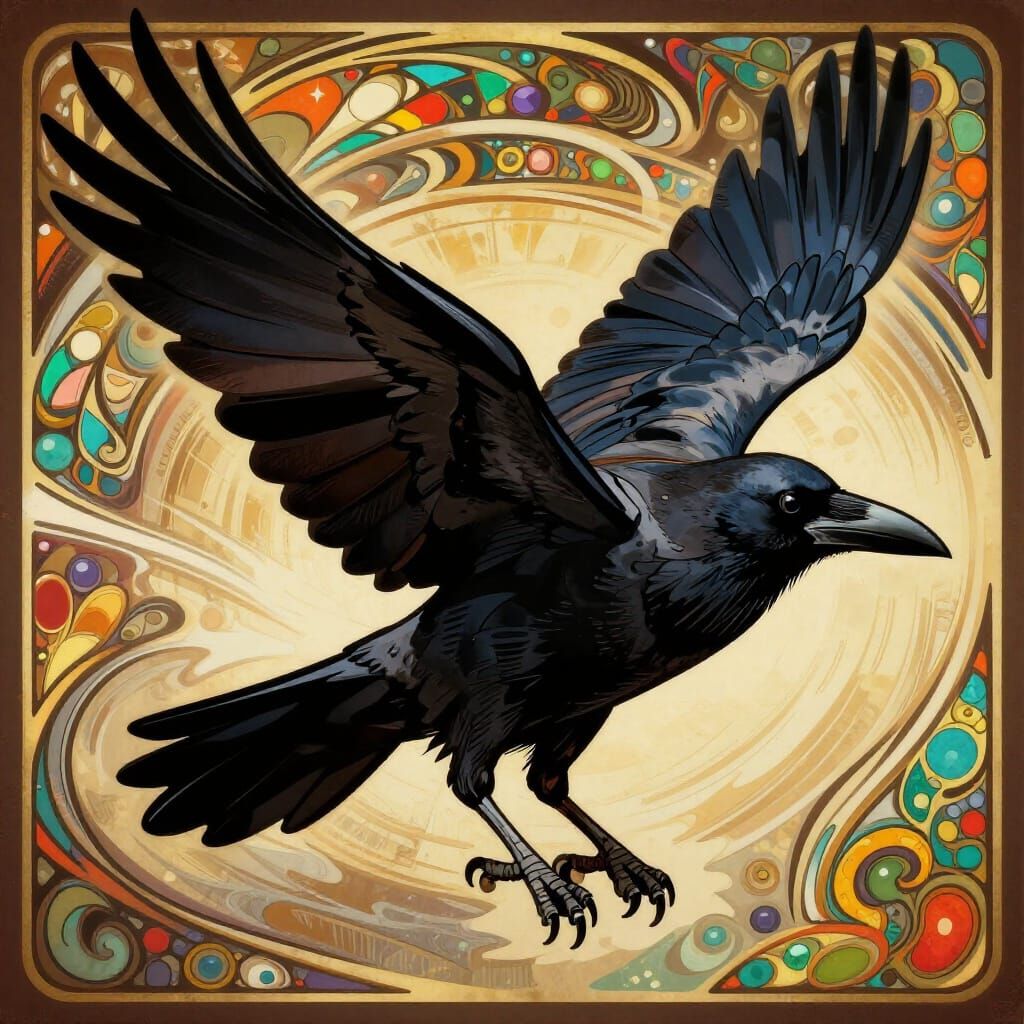 Dynamic Vintage Crow in Flight - Bold Artistic Style