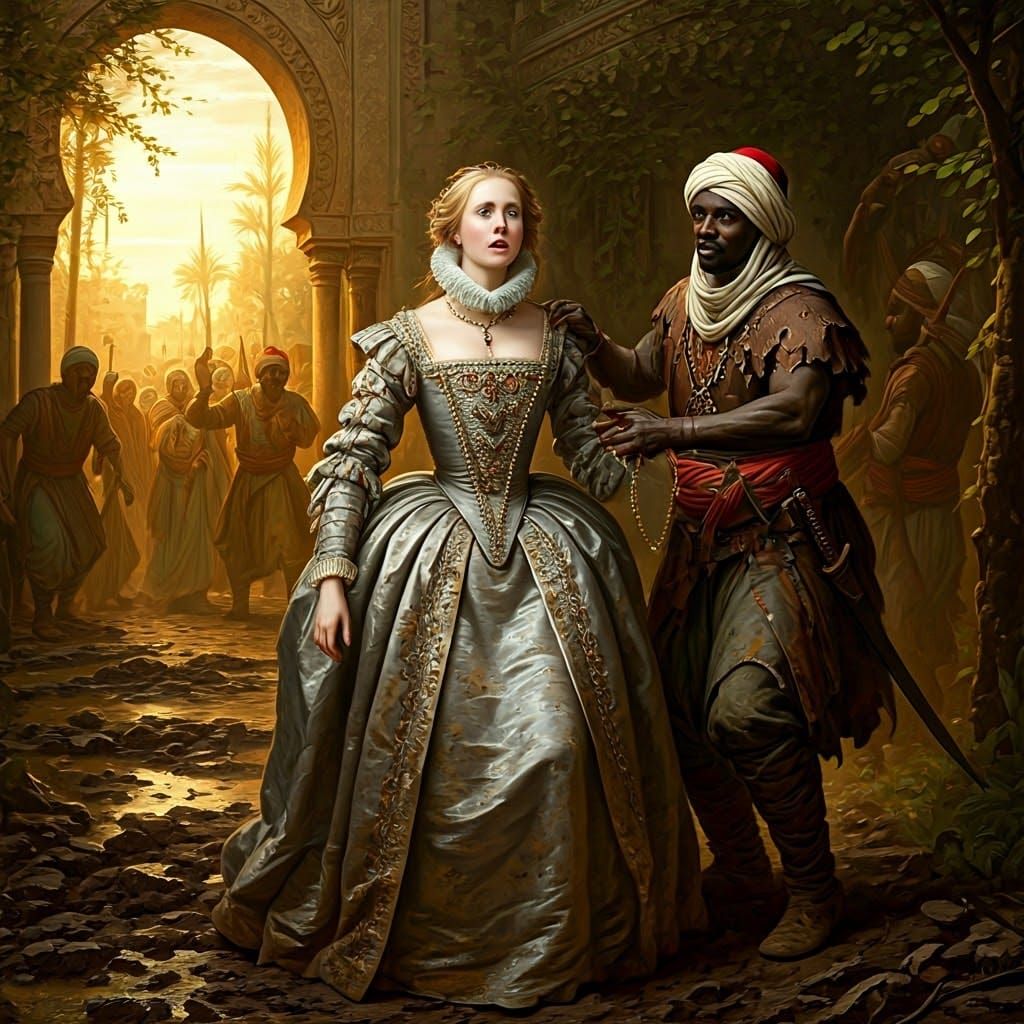 Renaissance Queen Confronts Her Robber in Golden Sunset