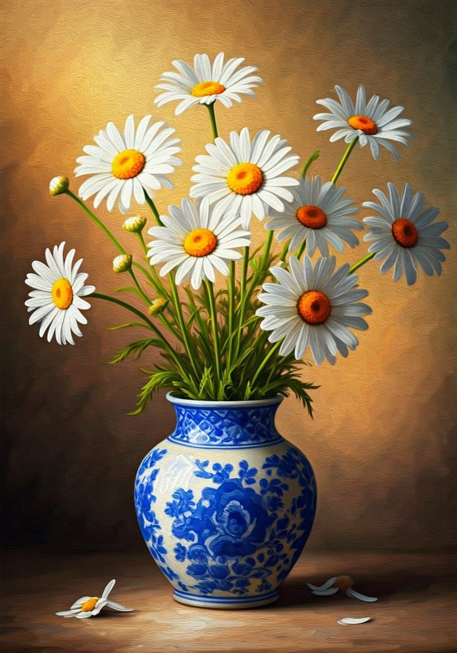 Ox-eye daisy flowers in a blue and white vase