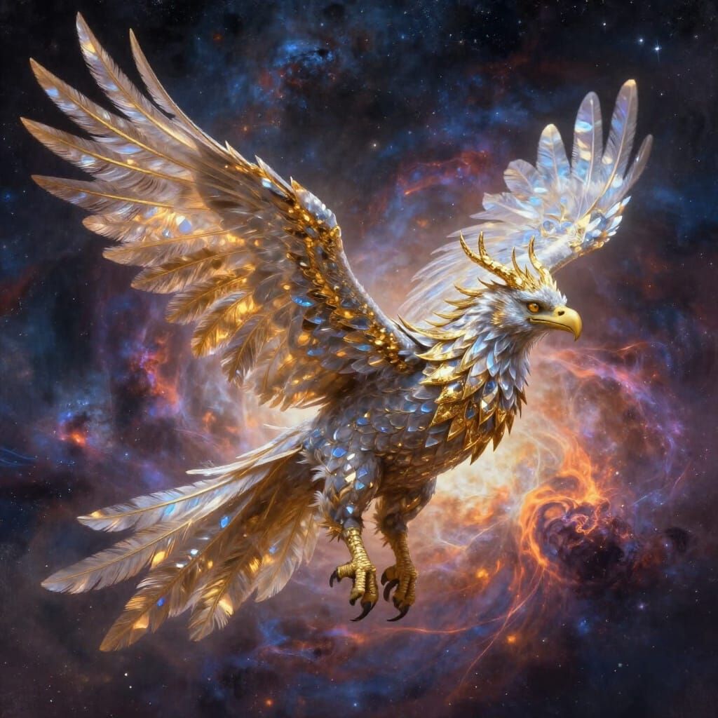 Majestic Gryphon Soaring Through Cosmic Nebula