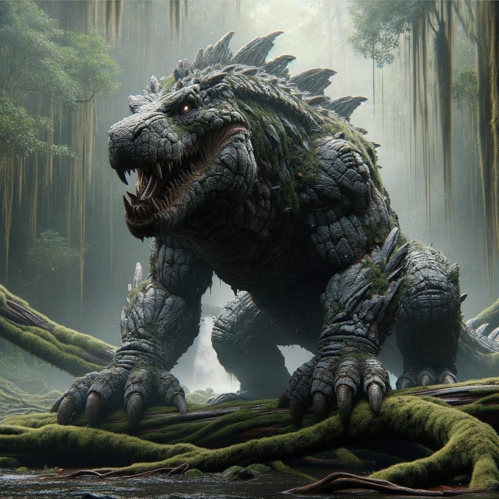Colossal Komodo Dragon Grizzly Bear Hybrid in Dark Fantasy S...
