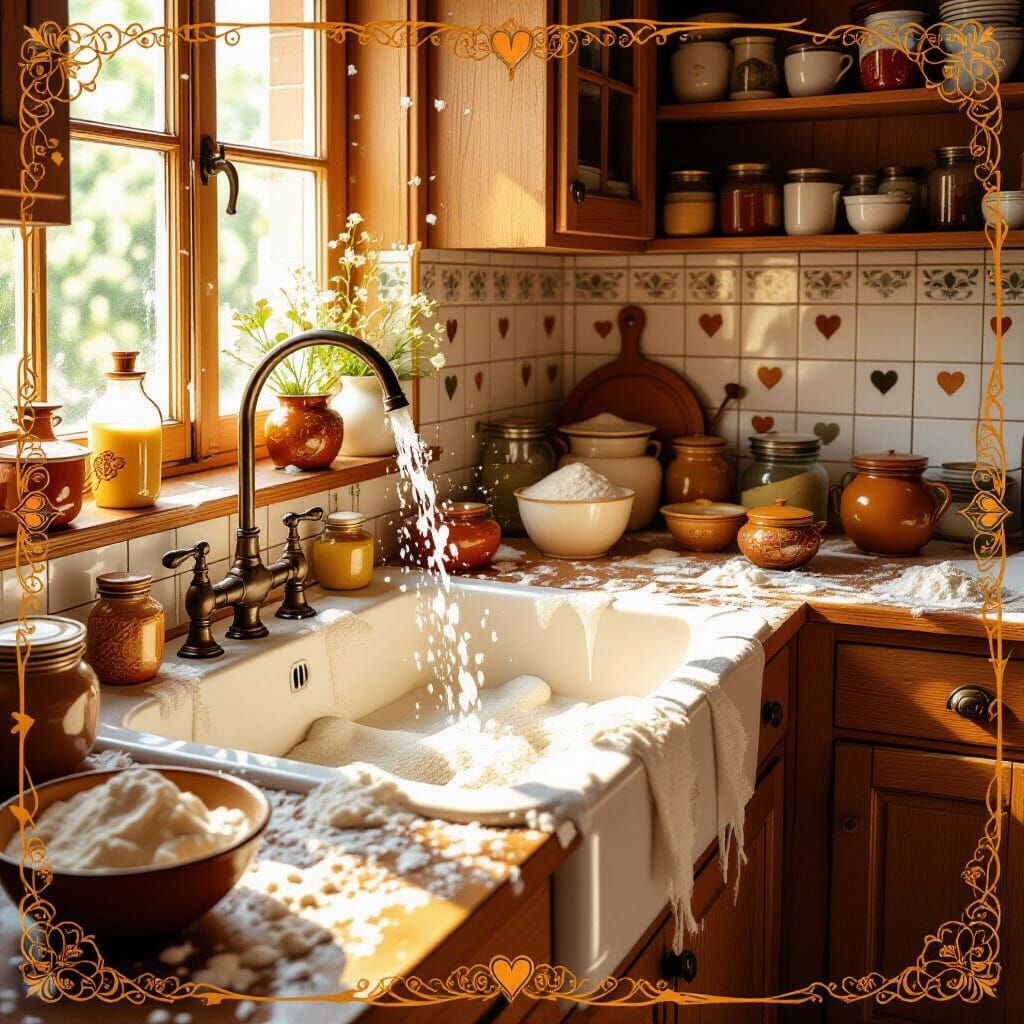 Art Nouveau Chaotic Kitchen with Family Warmth