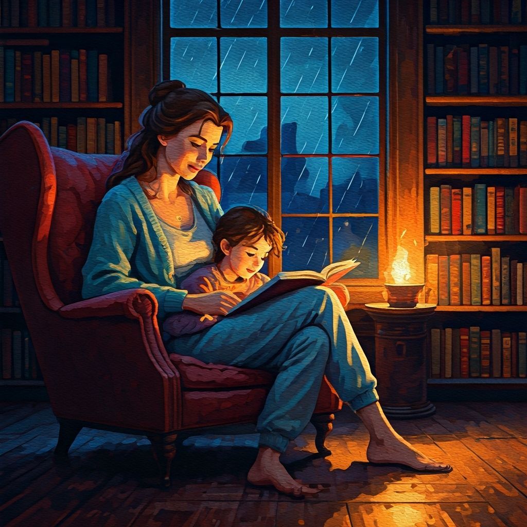 Belle Reading to Child in Cozy Library, Gouache Style