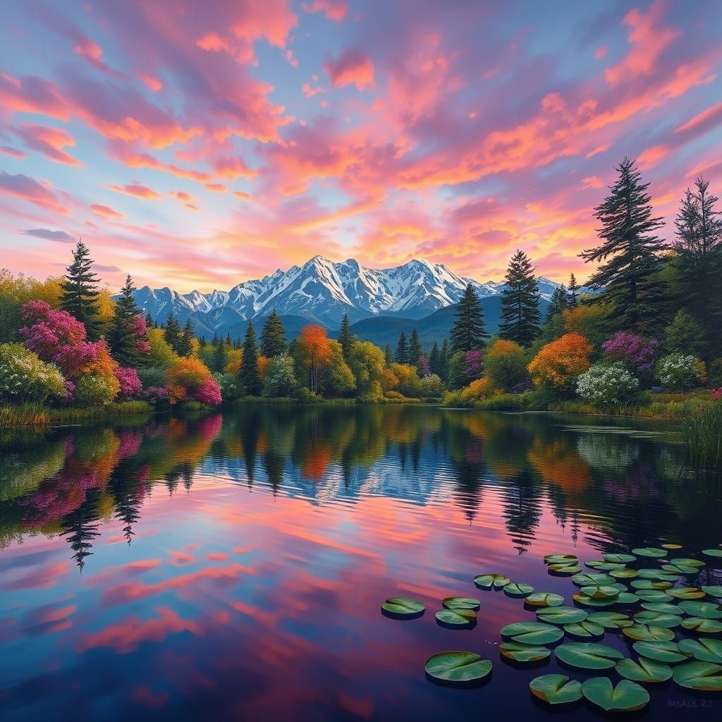 Serene Lakeside Scene at Sunset in Vibrant Oil Painting Styl...